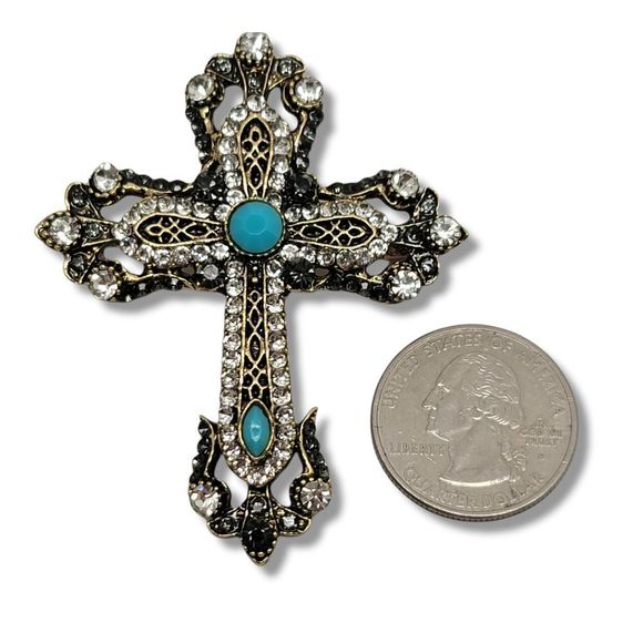 Gold tone multicolor Crystal Cross Brooch Pendant - Picture 3 of 6